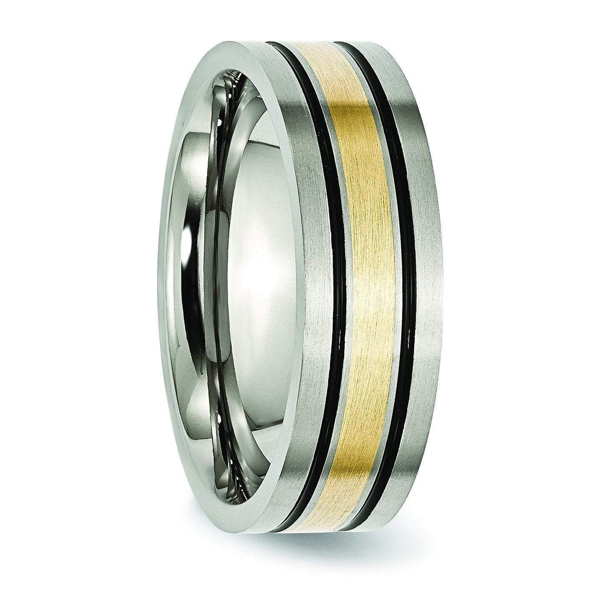 14k Yellow Gold & Black Inlay Titanium Ring Matte Finish in 7mm Titanium Wedding Rings deBebians 