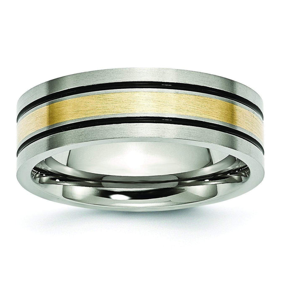 14k Yellow Gold & Black Inlay Titanium Ring Matte Finish in 7mm Titanium Wedding Rings deBebians 