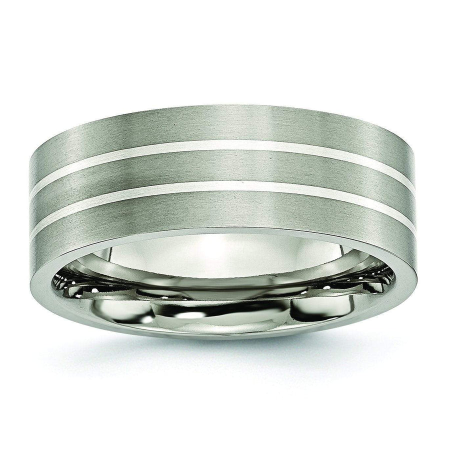 Silver Inlay Titanium Ring for Men Matte Finish in 8mm Titanium Wedding Rings deBebians 