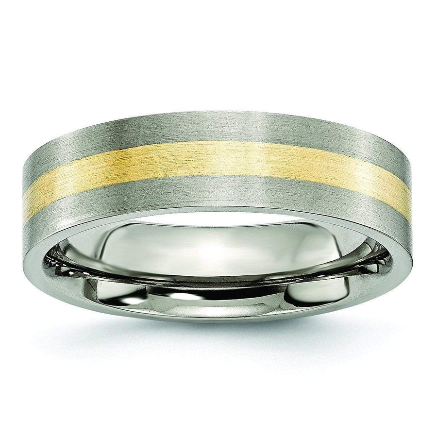 14k Yellow Gold Inlay Titanium Ring Flat Matte Finish in 6mm Titanium Wedding Rings deBebians 