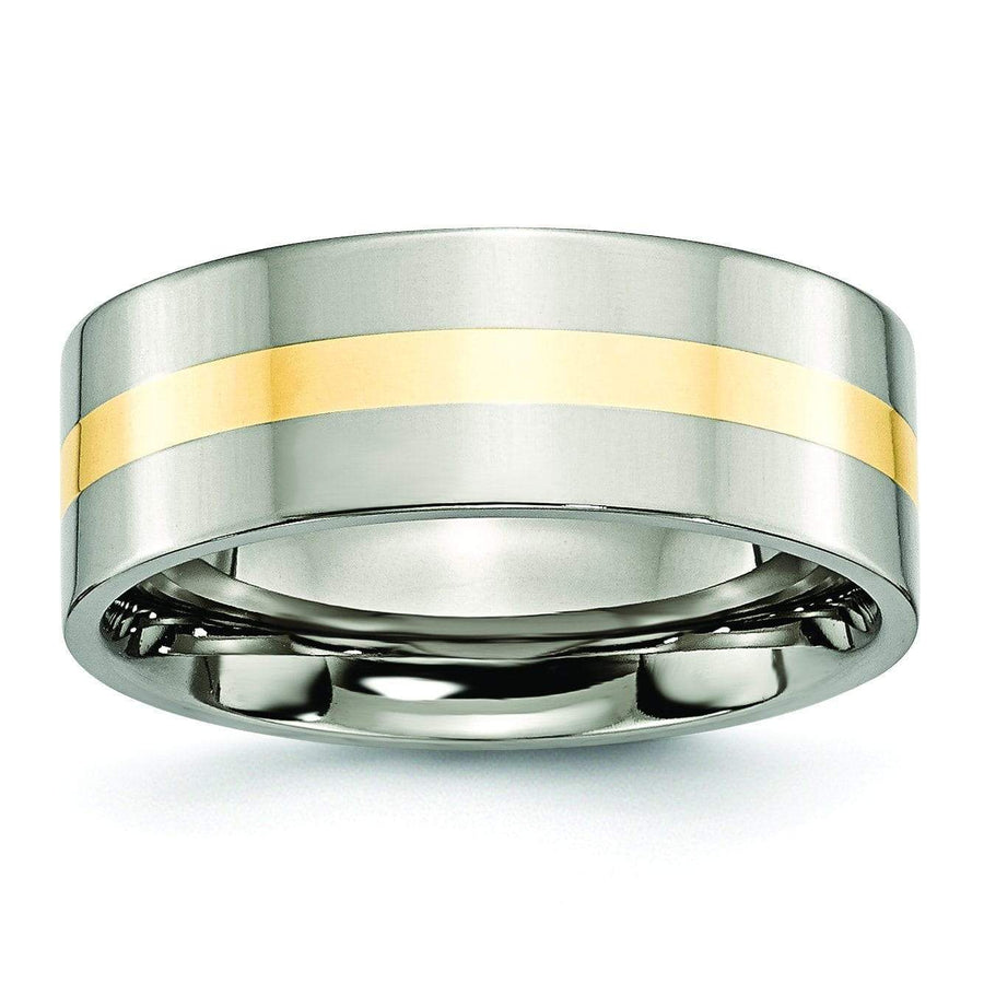 8mm 14k Yellow Gold Inlay Titanium Ring Flat Polished Finish Titanium Wedding Rings deBebians 