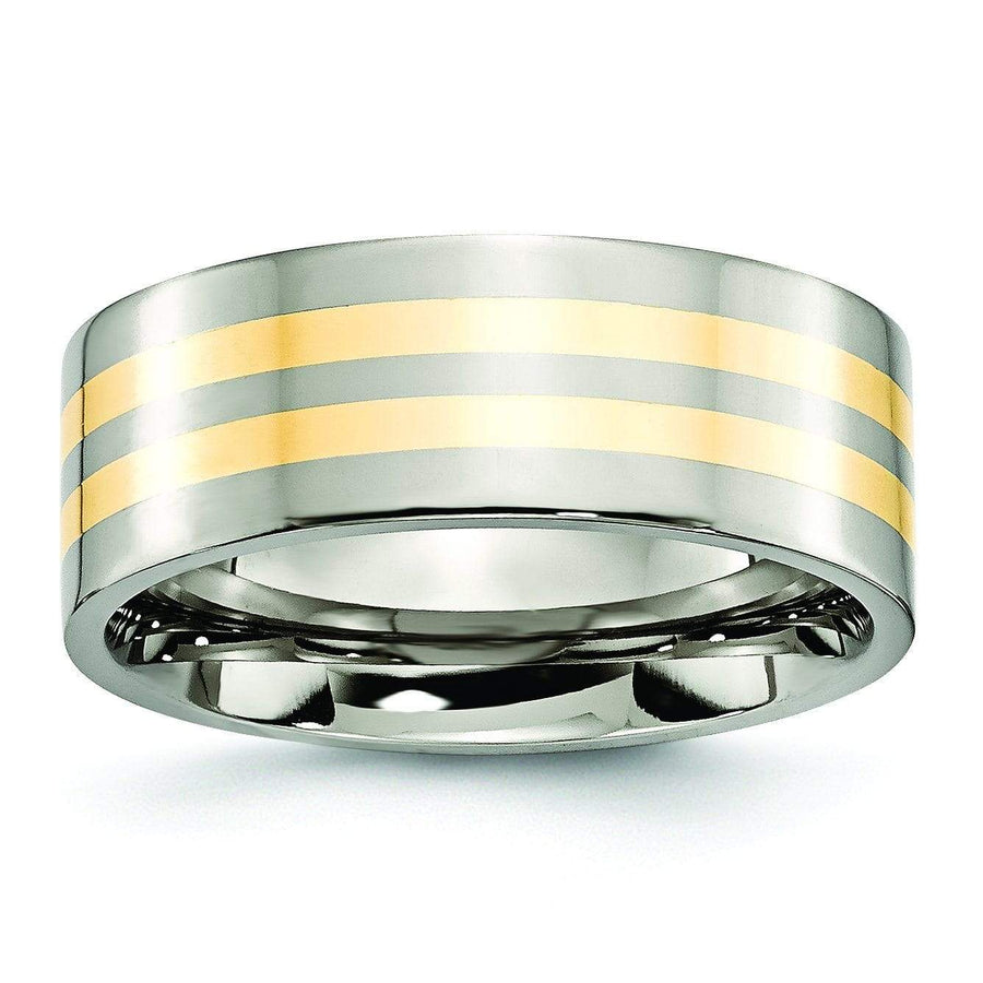 14k Yellow Gold Inlay Titanium Ring Flat Polished Finish in 8mm Titanium Wedding Rings deBebians 