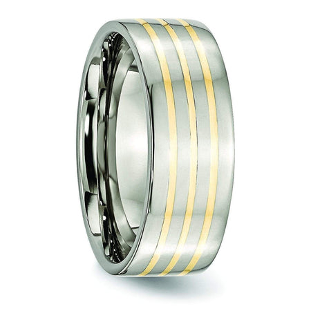 14k Yellow Gold Inlay Titanium Ring Flat Polished Finish 8mm Titanium Wedding Rings deBebians 