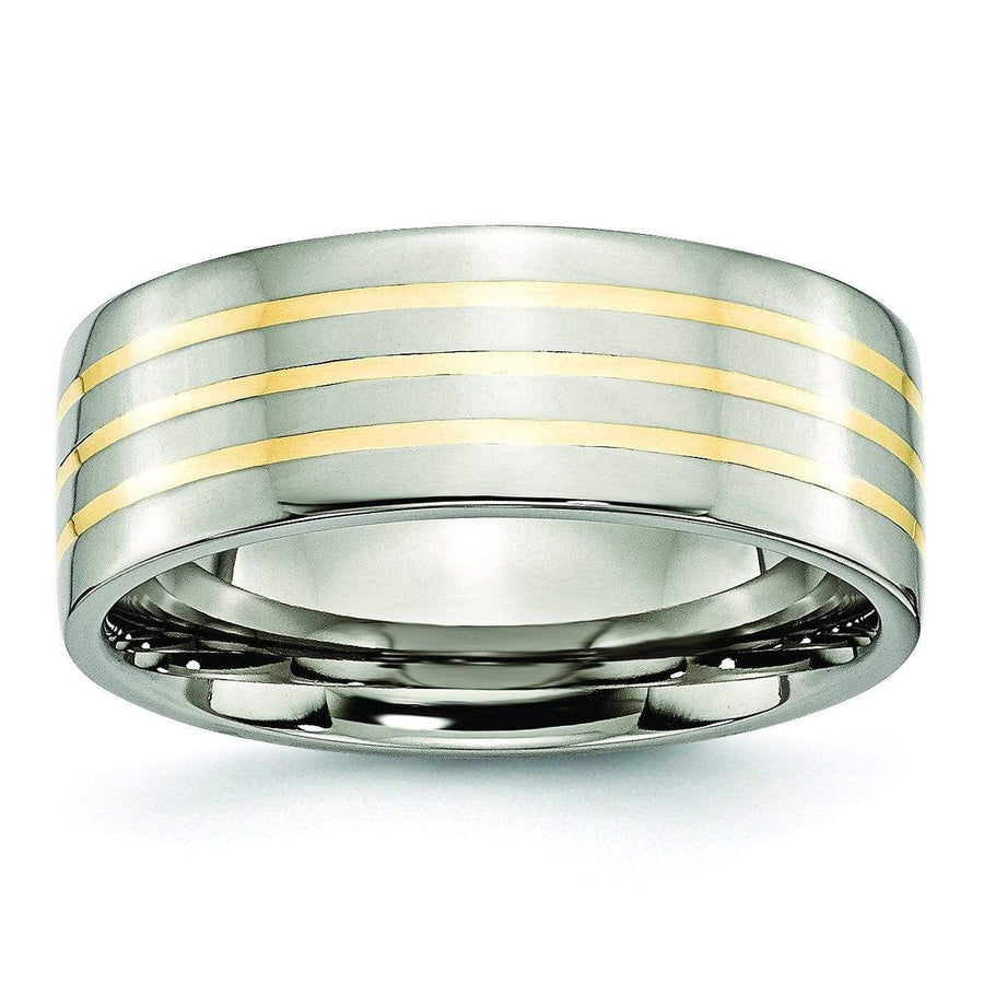 14k Yellow Gold Inlay Titanium Ring Flat Polished Finish 8mm Titanium Wedding Rings deBebians 