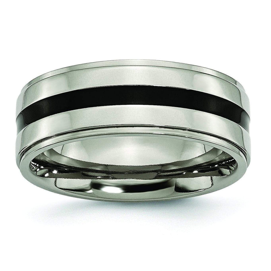 Black Inlay Titanium Ring High Polish Finish in 8mm Titanium Wedding Rings deBebians 