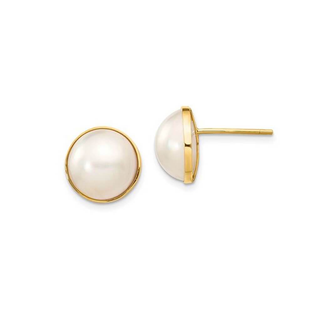 White Freshwater Cultured Pearl Mabe Earrings 9-10mm 14kt Yellow Gold Earrings deBebians 