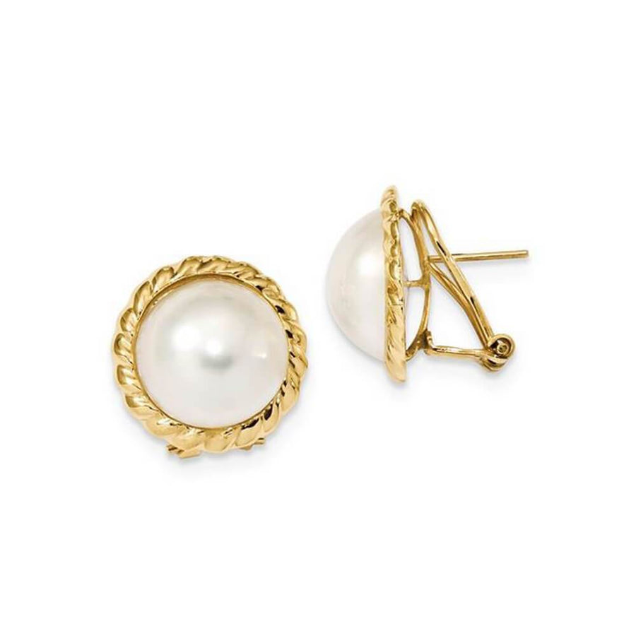 White Freshwater Cultured Mabe Pearl Earrings 13-14mm 14kt Yellow Gold Earrings deBebians 