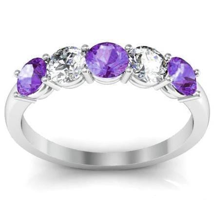 1.00cttw Shared Prong Diamond and Amethyst Five Stone Ring Five Stone Rings deBebians 