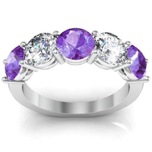 3.00cttw Shared Prong Diamond and Amethyst 5 Stone Ring Five Stone Rings deBebians 