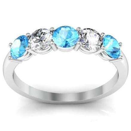 1.00cttw Shared Prong Aquamarine and Diamond Five Stone Ring Five Stone Rings deBebians 