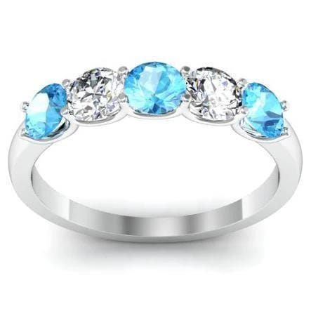 1.00cttw U Prong Aquamarine and Diamond 5 Stone Band Five Stone Rings deBebians 