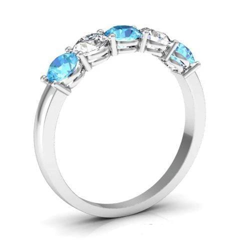 1.00cttw Shared Prong Aquamarine and Diamond Five Stone Ring Five Stone Rings deBebians 