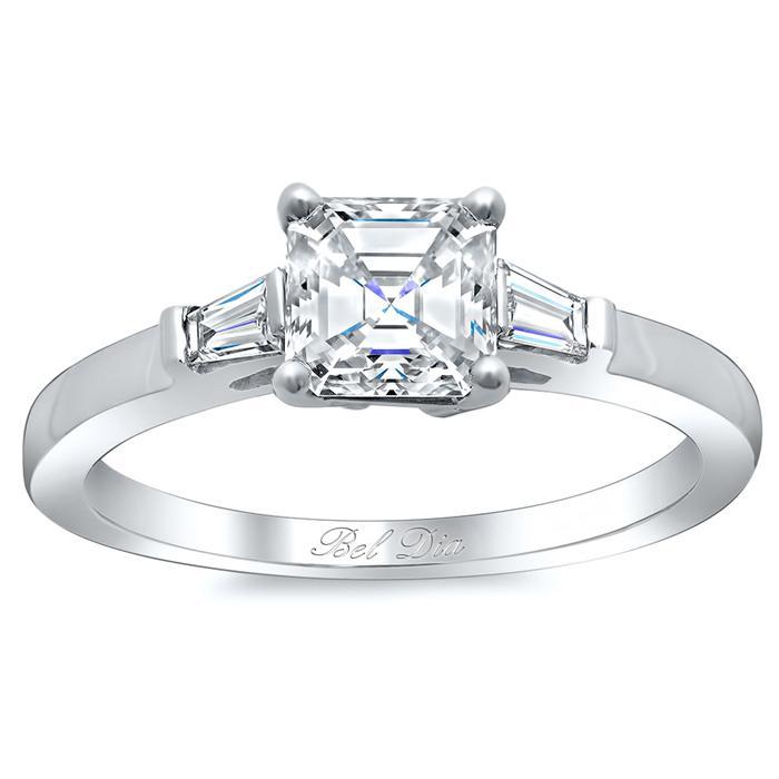 Asscher Three Stone Engagement Ring with Baguettes Diamond Accented Engagement Rings deBebians 