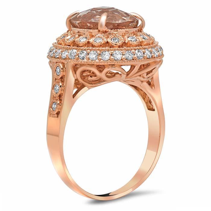 Bezel and Pave Morganite Halo Engagement Ring with Milgrain Rose Gold & Morganite Engagement Rings deBebians 