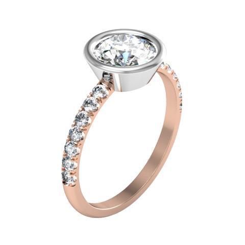 Bezel Set Diamond Engagement Ring with Pave Diamond Band Diamond Accented Engagement Rings deBebians 