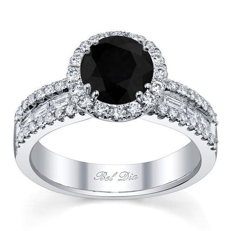 Black Diamond Round Halo Ring with Baguettes Black Diamond Engagement Rings deBebians 