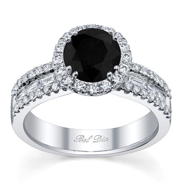 Black Diamond Round Halo Ring with Baguettes Black Diamond Engagement Rings deBebians 