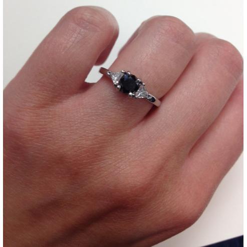 Black Diamond Three Stone Ring with Trillions Black Diamond Engagement Rings deBebians 