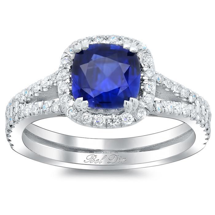 Blue Sapphire Cushion Double Shank Halo Engagement Ring Sapphire Engagement Rings deBebians 