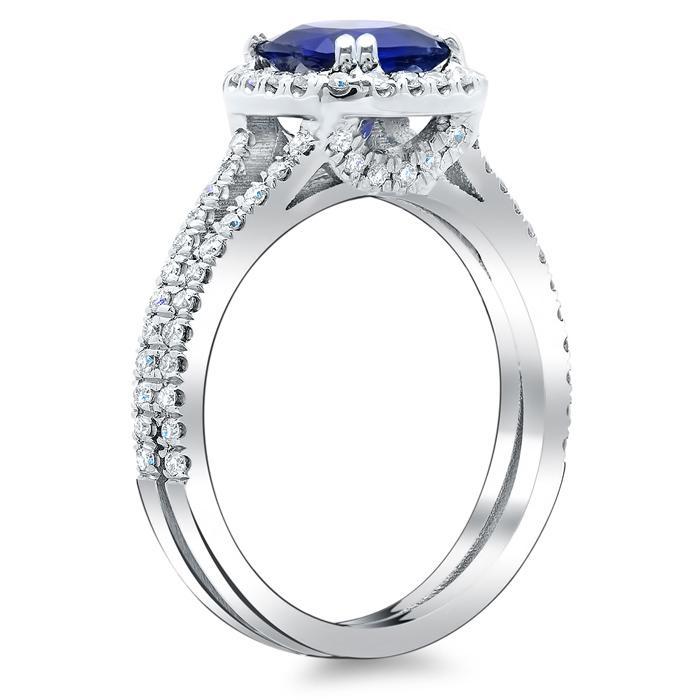 Blue Sapphire Cushion Double Shank Halo Engagement Ring Sapphire Engagement Rings deBebians 