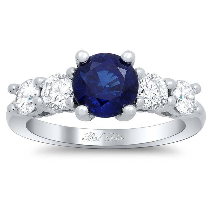 Blue Sapphire Five Stone Engagement Ring with Diamond Accents Sapphire Engagement Rings deBebians 