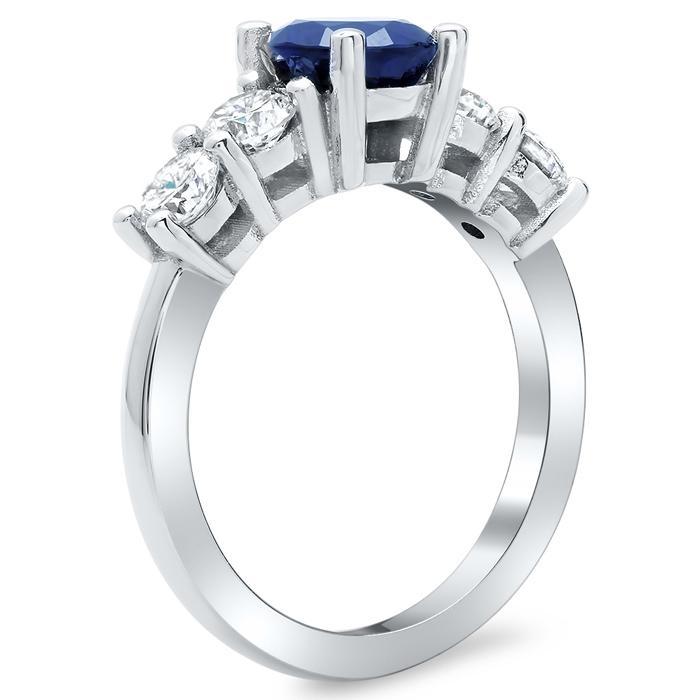 Blue Sapphire Five Stone Engagement Ring with Diamond Accents Sapphire Engagement Rings deBebians 
