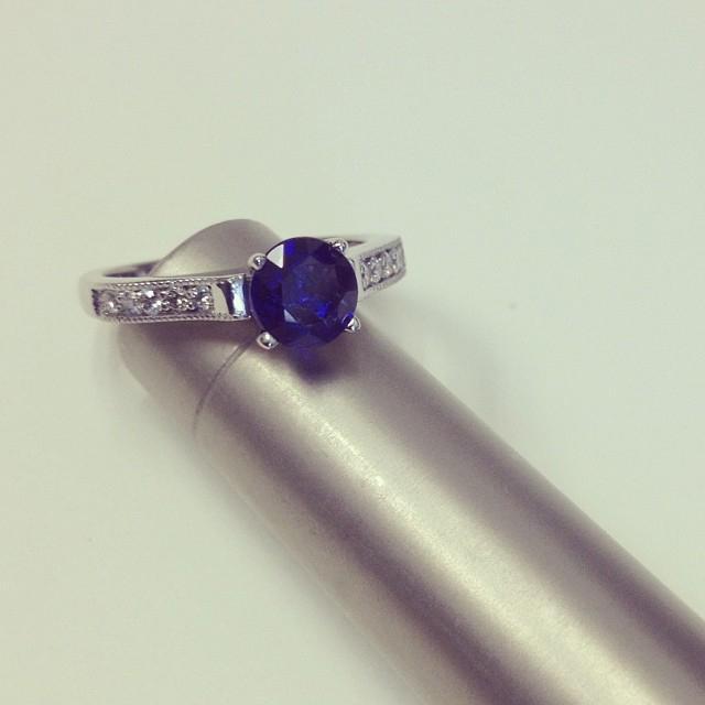 Blue Sapphire Pave Engagement Ring with Milgrain Sapphire Engagement Rings deBebians 