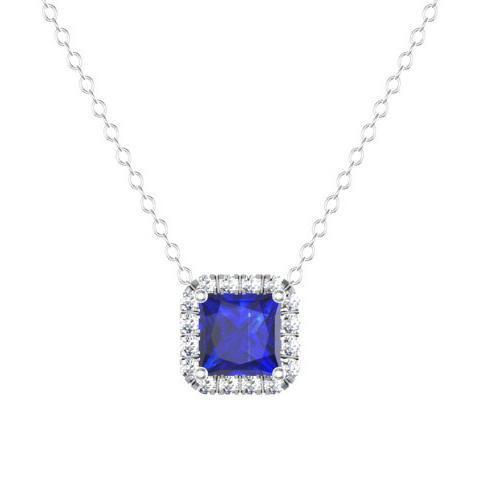 Blue Sapphire Princess Halo Pendant Diamond Necklaces deBebians 