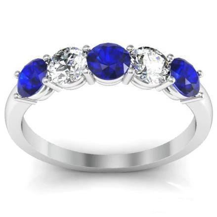 1.00cttw Shared Prong Blue Sapphire and Diamond Five Stone Ring Five Stone Rings deBebians 