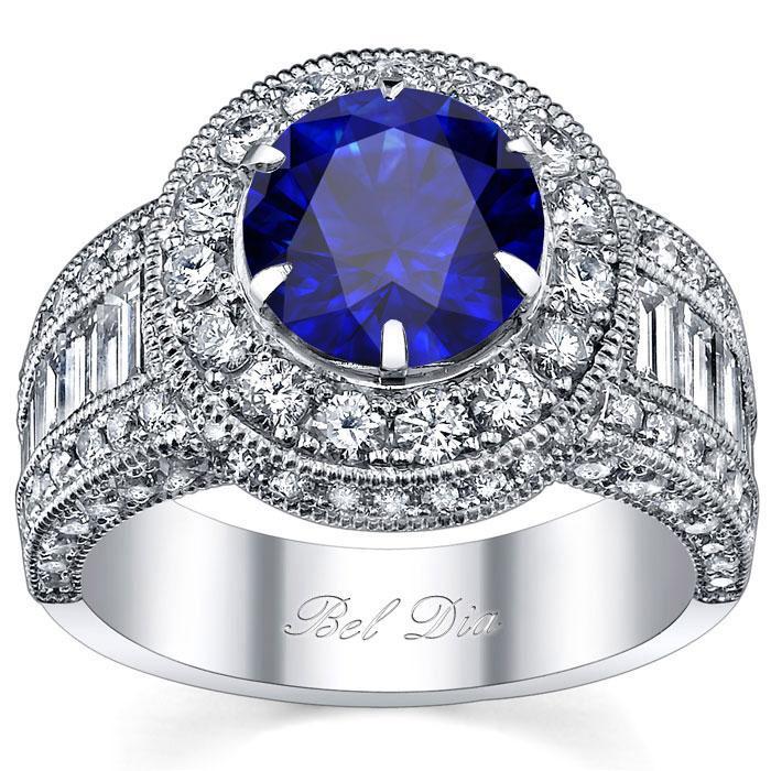 Blue Sapphire Round Halo Engagement Ring Sapphire Engagement Rings deBebians 