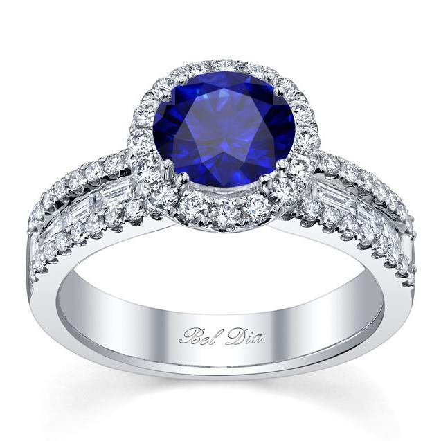 Blue Sapphire Round Halo Ring with Baguettes Sapphire Engagement Rings deBebians 