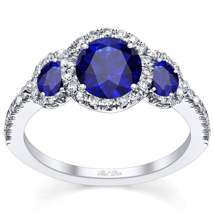 Blue Sapphire Three Stone Halo Engagement Ring Sapphire Engagement Rings deBebians 