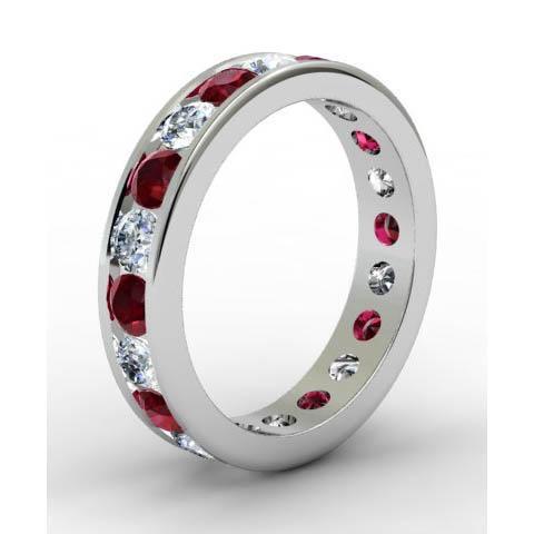 Channel Set Eternity Band with Round Diamonds and Garnets Gemstone Eternity Rings deBebians 