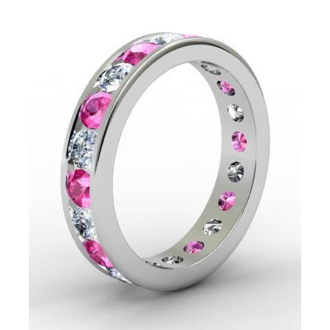 Channel Set Eternity Band with Round Diamonds and Pink Sapphires Gemstone Eternity Rings deBebians 