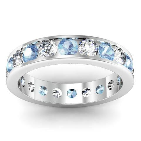 Channel Set Eternity Ring with Round Diamonds and Aquamarines Gemstone Eternity Rings deBebians 