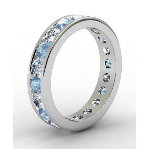 Channel Set Eternity Ring with Round Diamonds and Aquamarines Gemstone Eternity Rings deBebians 