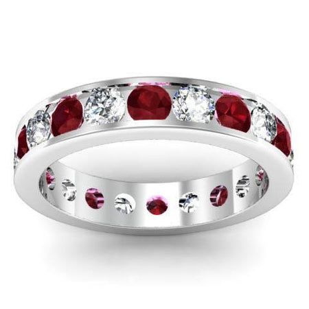 Channel Set Eternity Ring with Round Diamonds and Garnets Gemstone Eternity Rings deBebians 