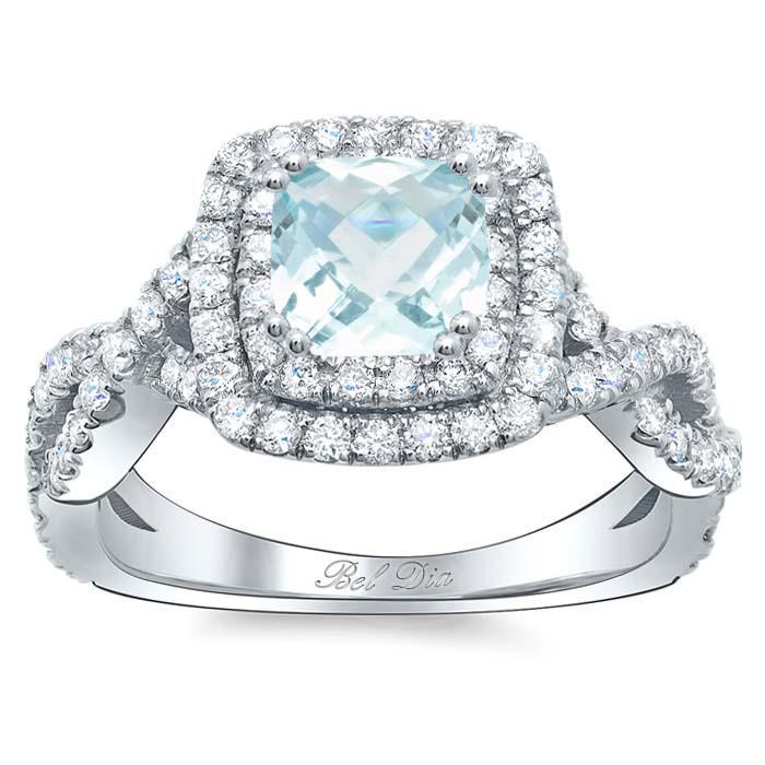 Cushion Aquamarine Double Halo Engagement Ring with Twisted Band Aquamarine Engagement Rings deBebians 