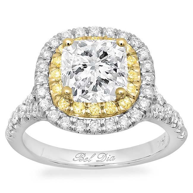 Cushion Baby Split Double Halo Engagement Ring with Yellow Diamonds Double Halo Engagement Rings deBebians 
