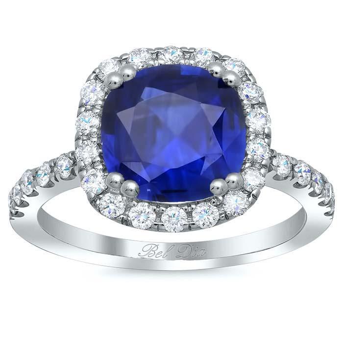 Cushion Blue Sapphire Pave Halo Engagement Ring Sapphire Engagement Rings deBebians 