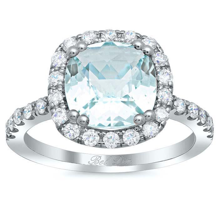 Cushion Cut Aquamarine Halo Engagement Ring Aquamarine Engagement Rings deBebians 