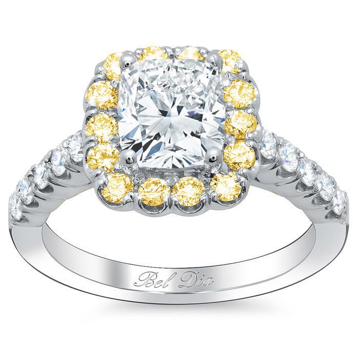 Cushion Engagement Ring with Yellow Diamond Halo Halo Engagement Rings deBebians 