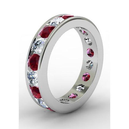 Diamond and Garnet Round Gemstone Eternity Band in Channel Setting Gemstone Eternity Rings deBebians 