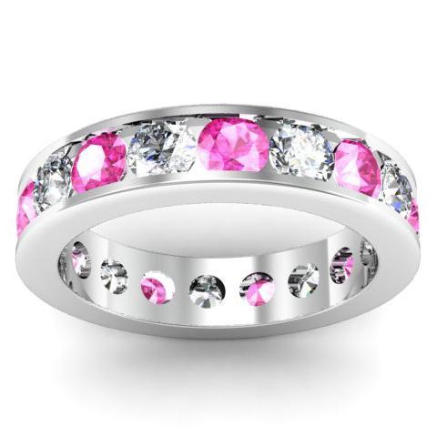 Diamond and Pink Sapphire Round Gemstone Eternity Ring in Channel Setting Gemstone Eternity Rings deBebians 
