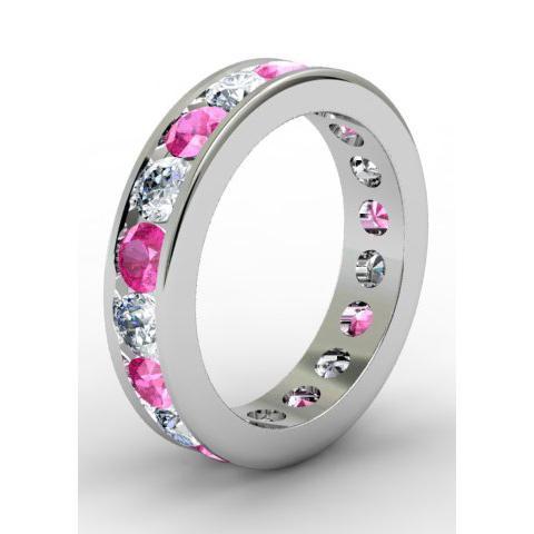 Diamond and Pink Sapphire Round Gemstone Eternity Ring in Channel Setting Gemstone Eternity Rings deBebians 