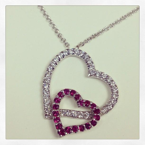 Double Heart Pendant with Diamonds & Rubies featuring 16 Inch Chain Diamond Necklaces deBebians 
