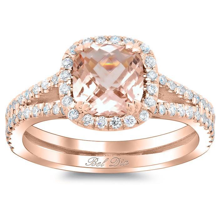 Double Shank Morganite Cushion Halo Engagement Ring Rose Gold & Morganite Engagement Rings deBebians 