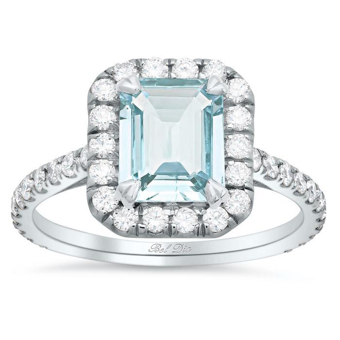 Emerald Cut Aquamarine Pave Diamond Halo Engagement Ring Aquamarine Engagement Rings deBebians 