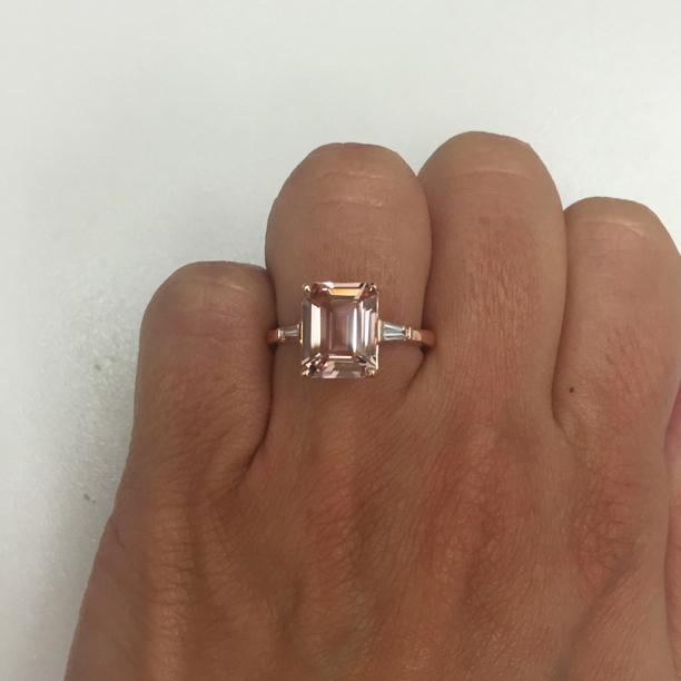 Emerald Cut Morganite and Baguette Three Stone Engagement Ring Rose Gold & Morganite Engagement Rings deBebians 