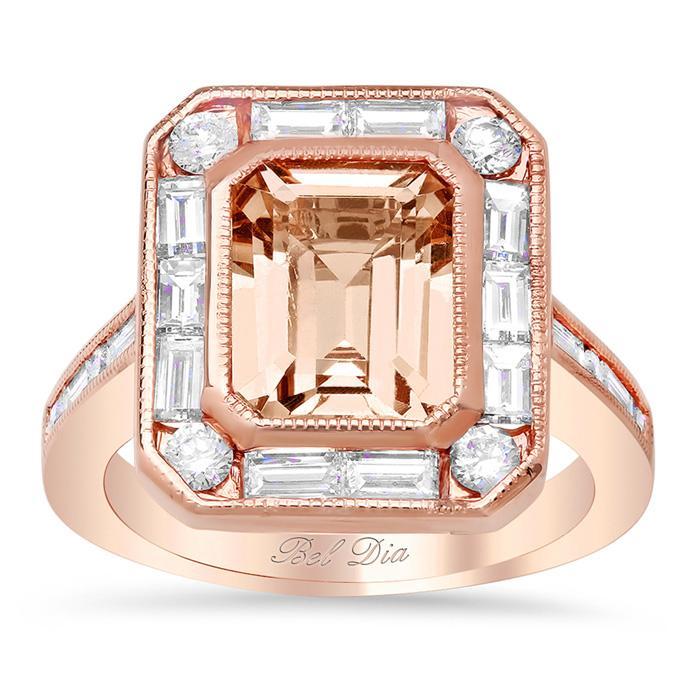 Emerald Cut Morganite Baguette Diamond Halo Rose Gold Engagement Ring Rose Gold & Morganite Engagement Rings deBebians 